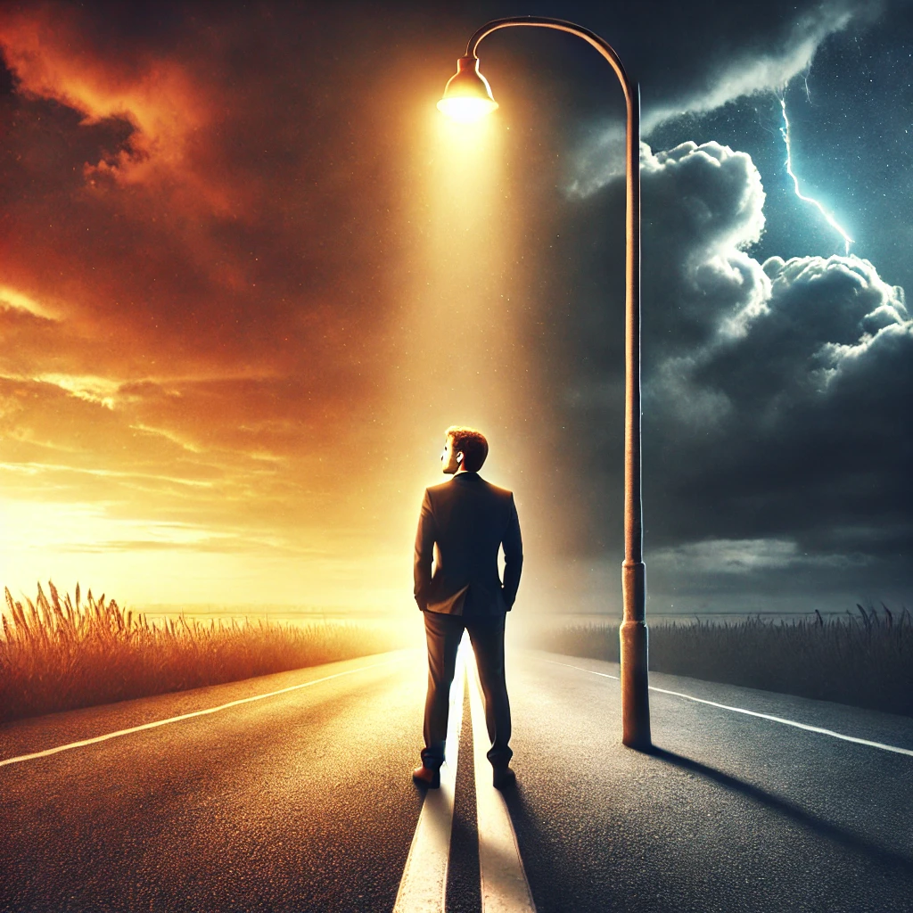 Un uomo in piedi su una strada deserta